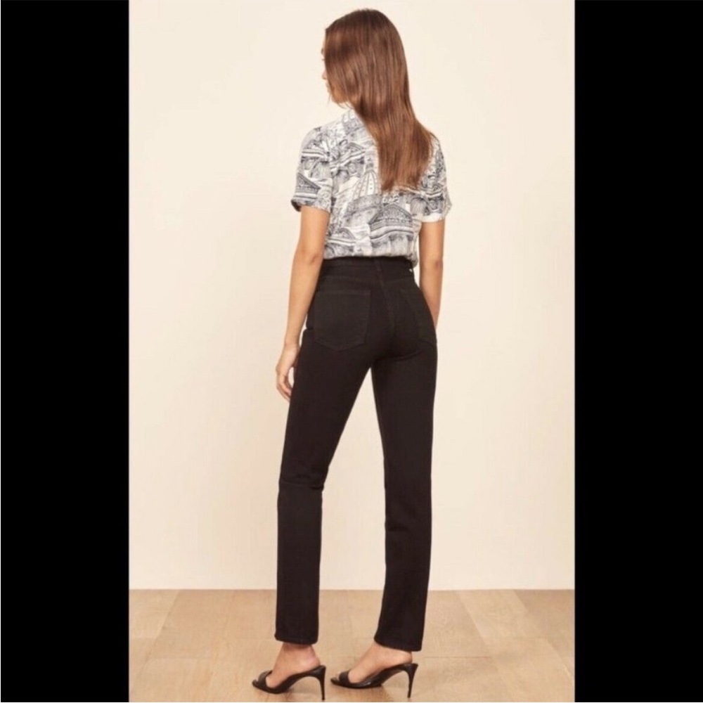 Reformation SAMPLE Julia High Cigarette Jeans Black Destroyed with Knee Patch - Picture 7 of 13